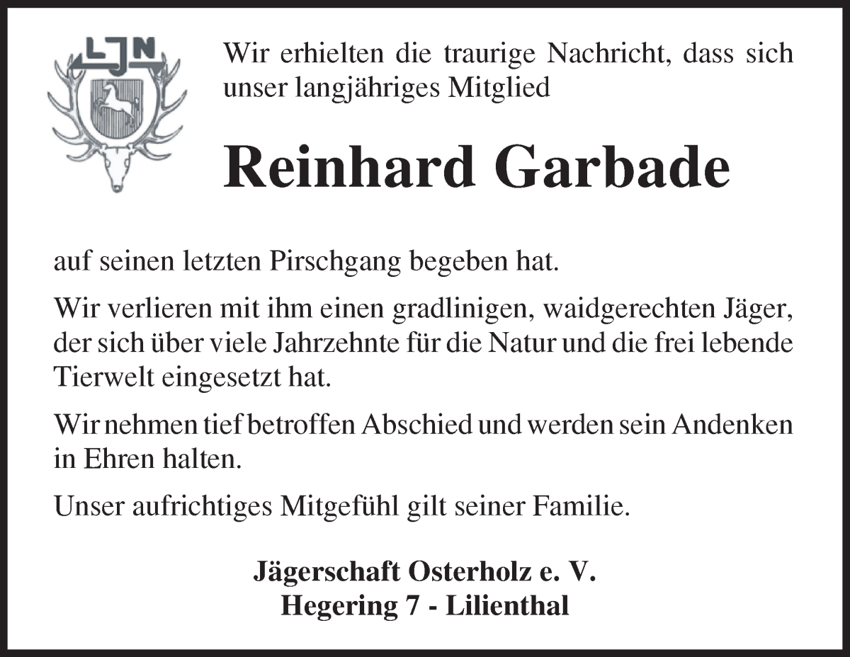 Traueranzeige von Reinhard Garbade von Wuemme Zeitung