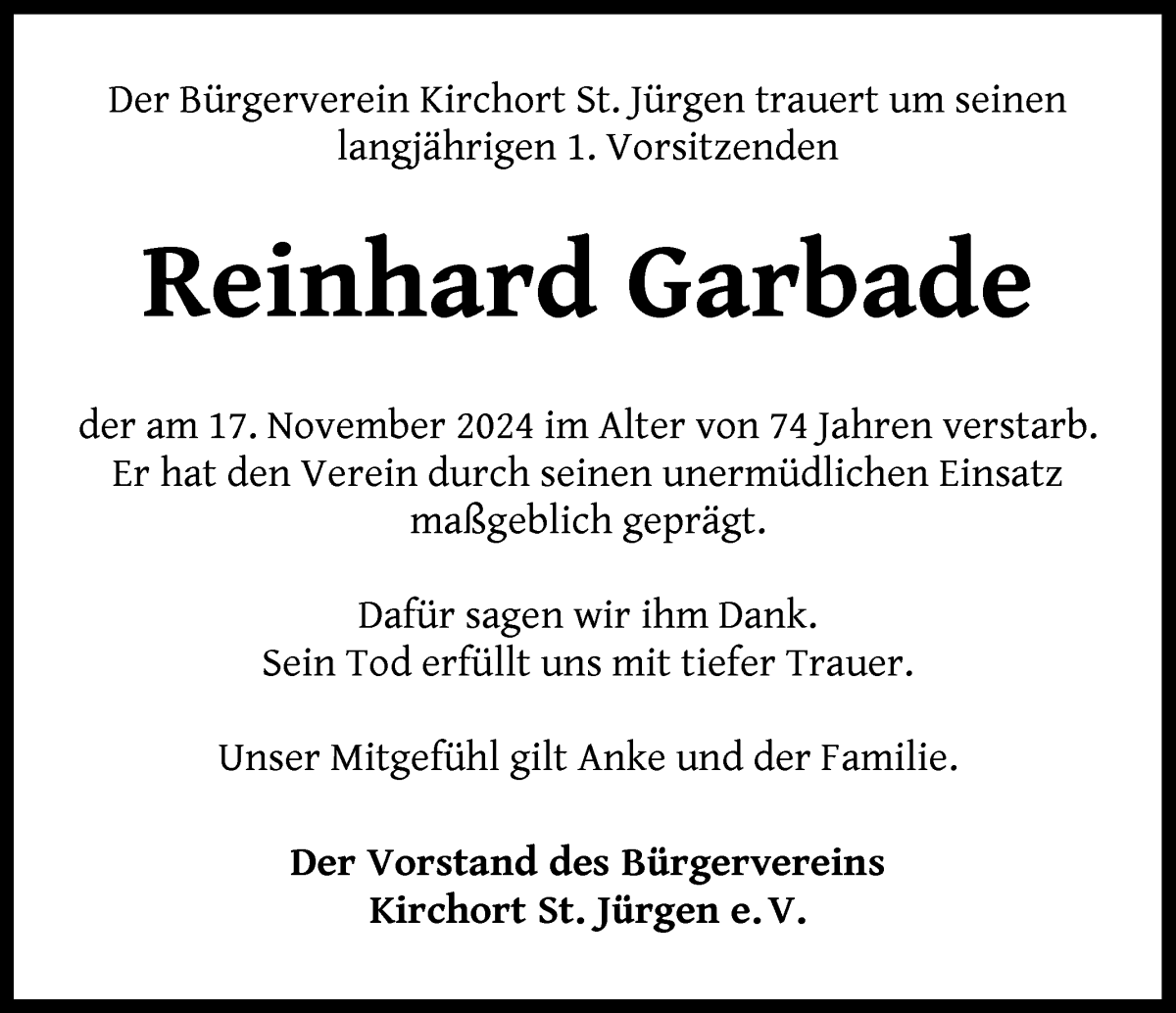 Traueranzeige von Reinhard Garbade von Wuemme Zeitung