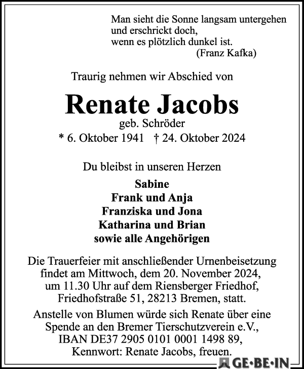 Traueranzeige von Renate Jacobs von WESER-KURIER