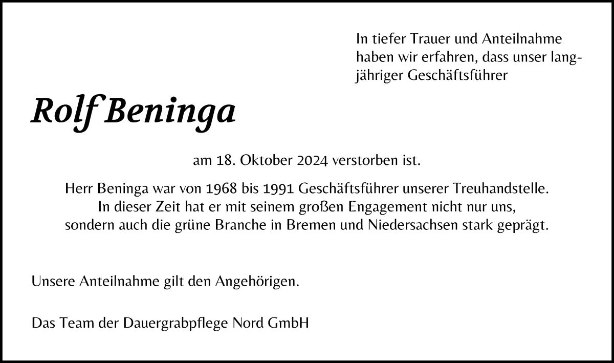 Traueranzeige von Rolf Beninga von WESER-KURIER