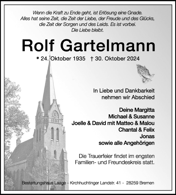 Traueranzeige von Rolf Gartelmann von WESER-KURIER