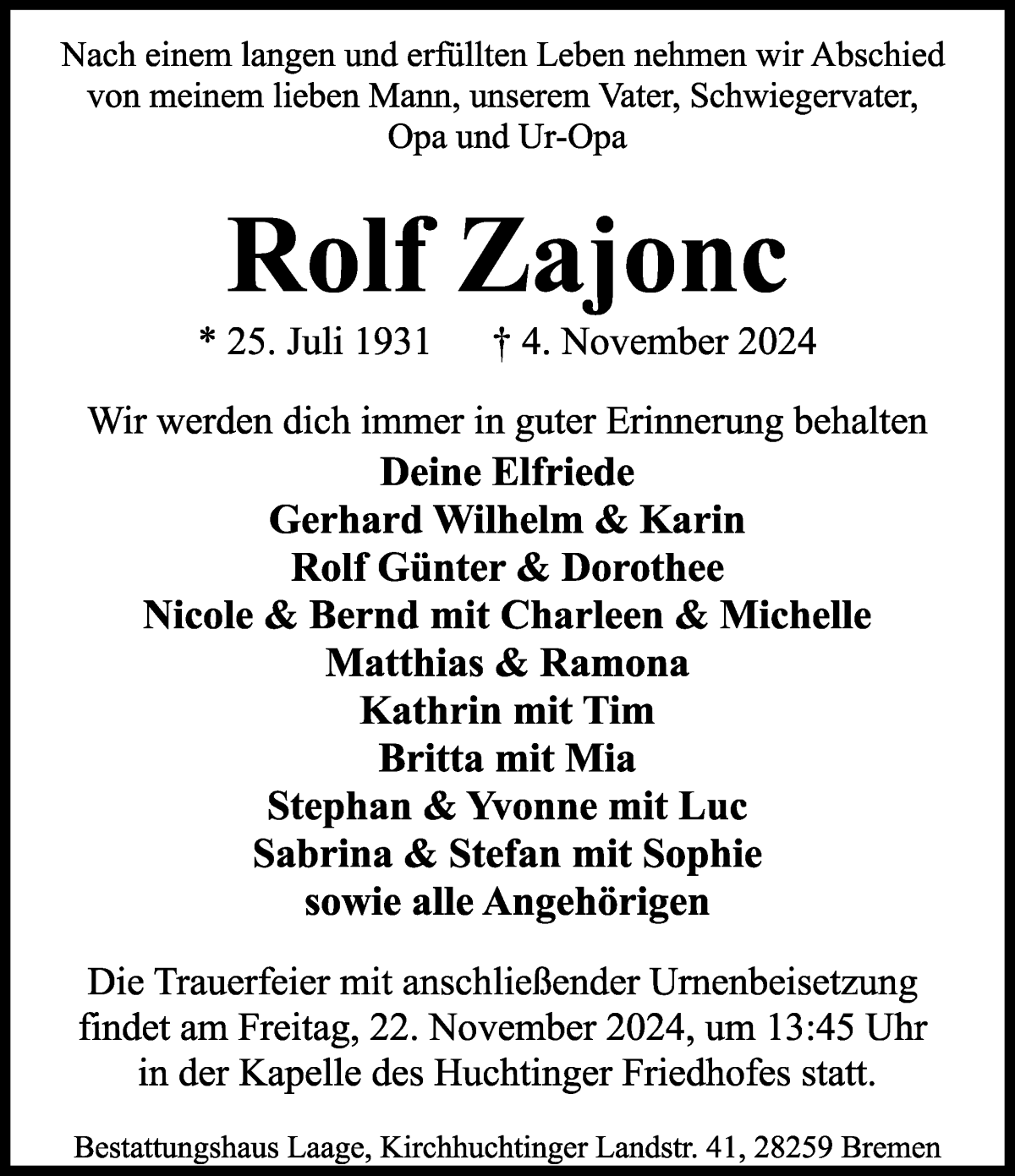 Traueranzeige von Rolf Zajonc von WESER-KURIER