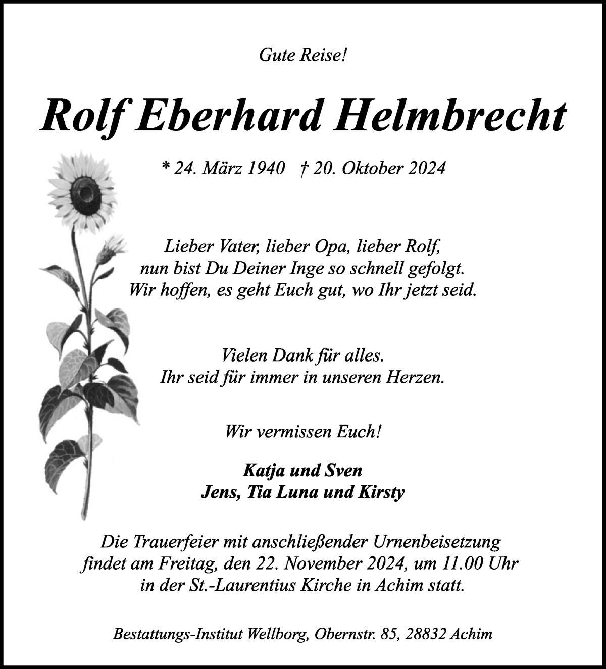 Traueranzeige von Rolf Eberhard Helmbrecht von Achimer Kurier/Verdener Nachrichten