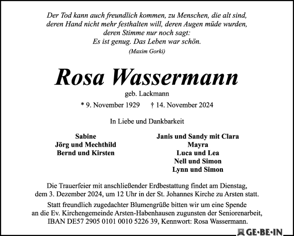 Traueranzeige von Rosa Wassermann von WESER-KURIER