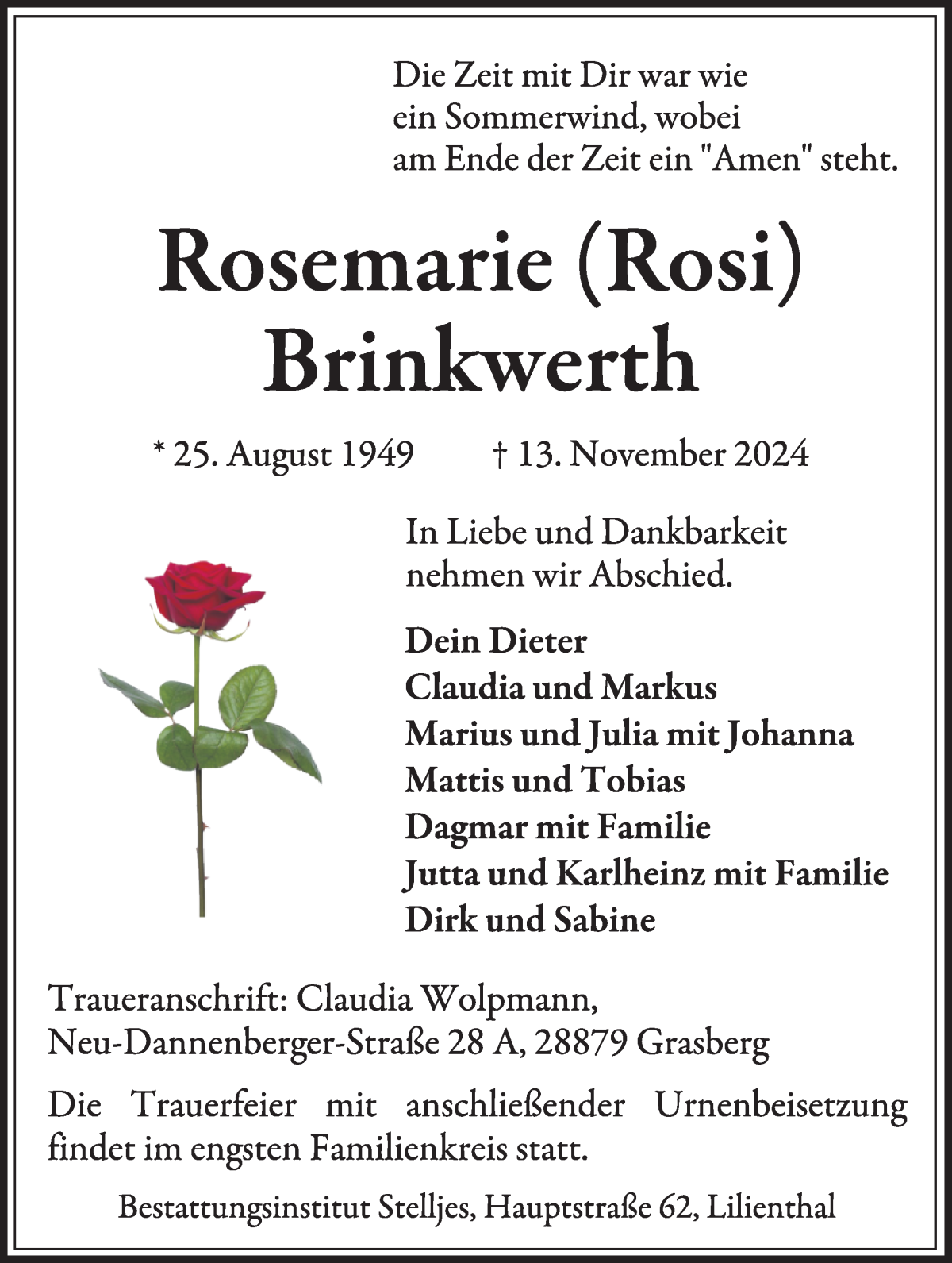 Traueranzeige von Rosemarie Rosi Brinkwerth von Wuemme Zeitung