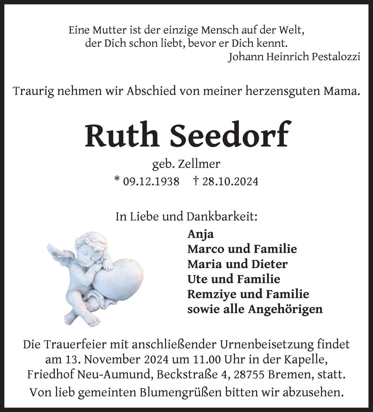 Traueranzeige von Ruth Seedorf von Die Norddeutsche