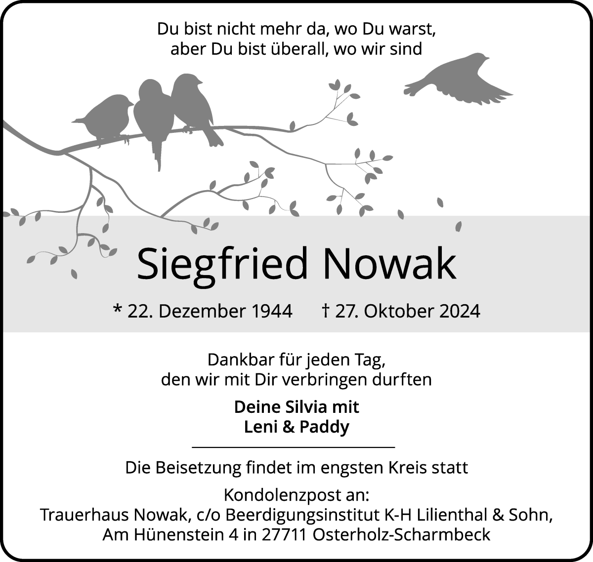 Traueranzeige von Siegfried Nowak von Osterholzer Kreisblatt