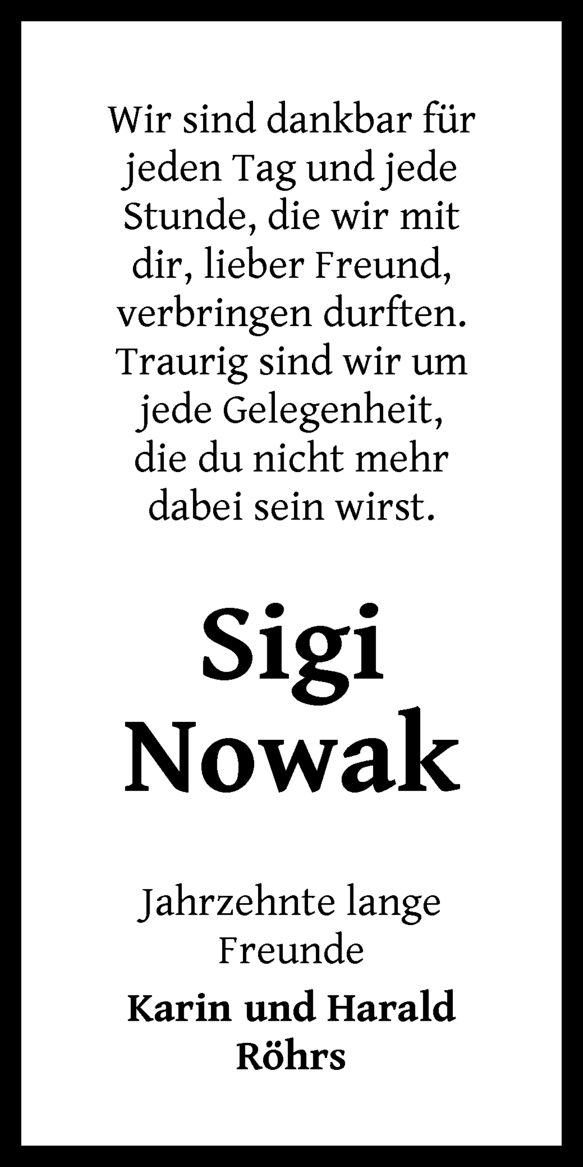 Traueranzeige von Sigfried Nowak von Osterholzer Kreisblatt