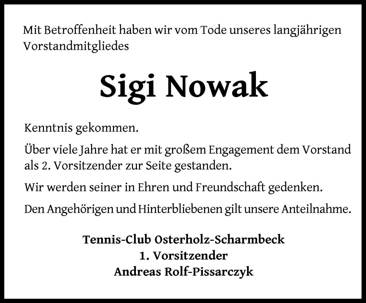 Traueranzeige von Siegfried Nowak von Osterholzer Kreisblatt