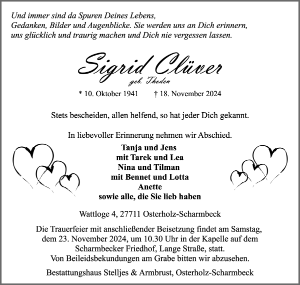 Traueranzeige von Sigrid Clüver von Osterholzer Kreisblatt