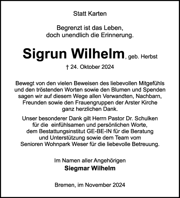 Traueranzeige von Sigrun Wilhelm von WESER-KURIER