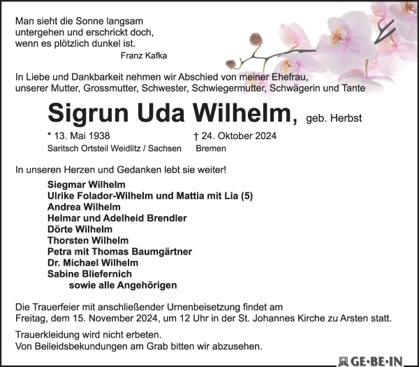 Traueranzeige von Sigrun Uda Wilhelm von WESER-KURIER