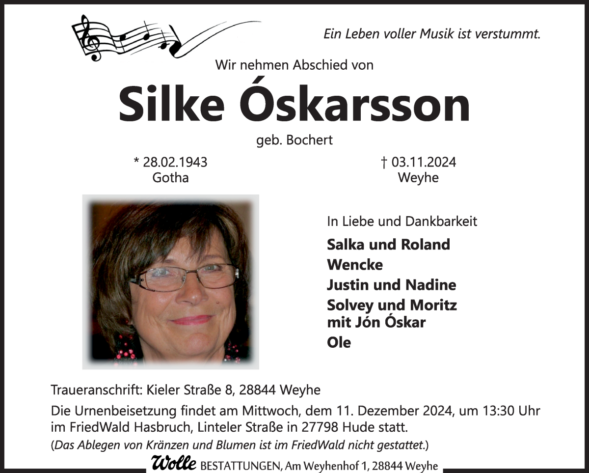 Traueranzeige von Silke Oskarsson von Regionale Rundschau/Syker Kurier