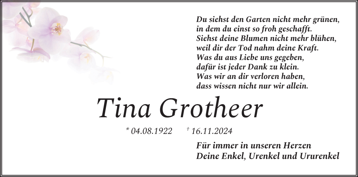 Traueranzeige von Tina Grotheer von Wuemme Zeitung