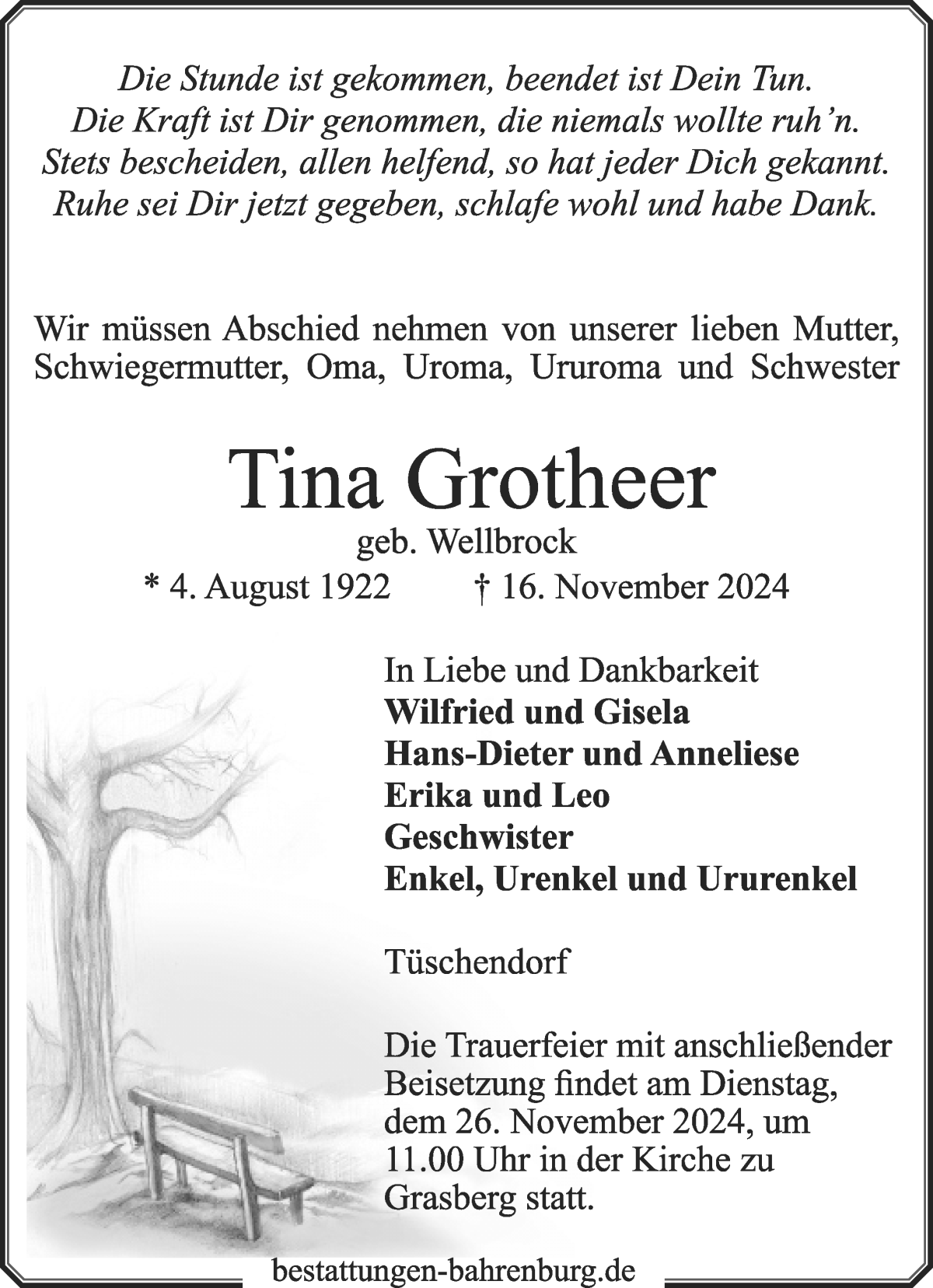 Traueranzeige von Tina Grotheer von Wuemme Zeitung