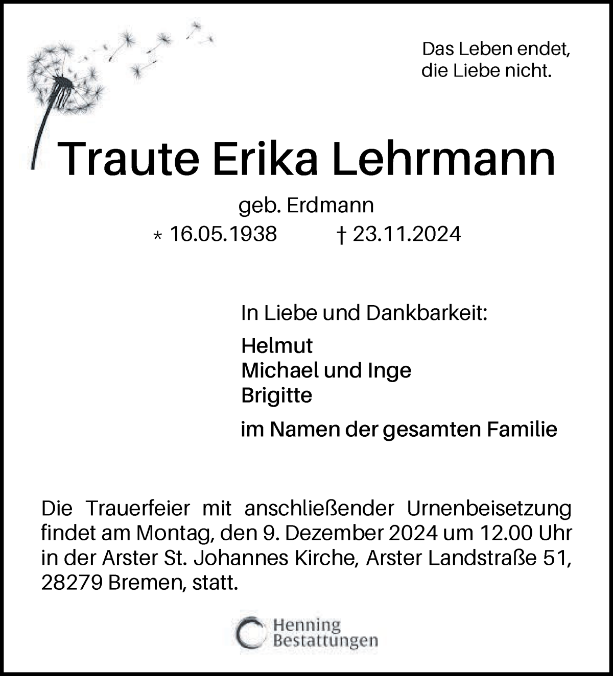 Traueranzeige von Traute Erika Lehrmann von WESER-KURIER