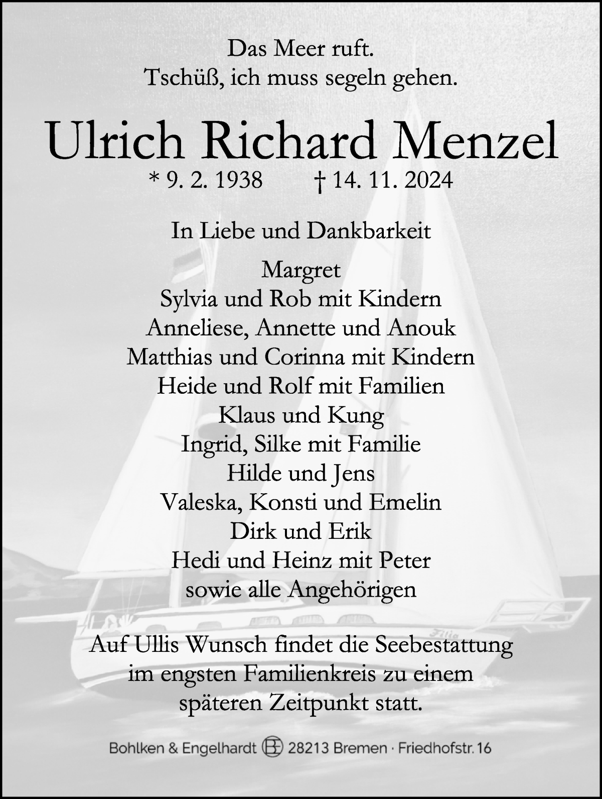 Traueranzeige von Ulrich Richard Menzel von WESER-KURIER