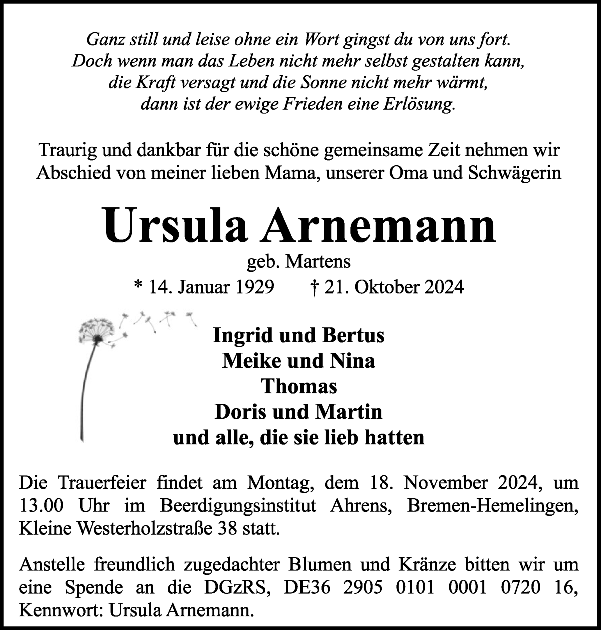 Traueranzeige von Ursula Arnemann von WESER-KURIER
