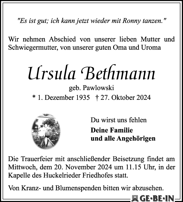 Traueranzeige von Ursula Bethmann von WESER-KURIER