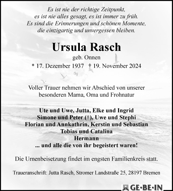 Traueranzeige von Ursula Rasch von WESER-KURIER