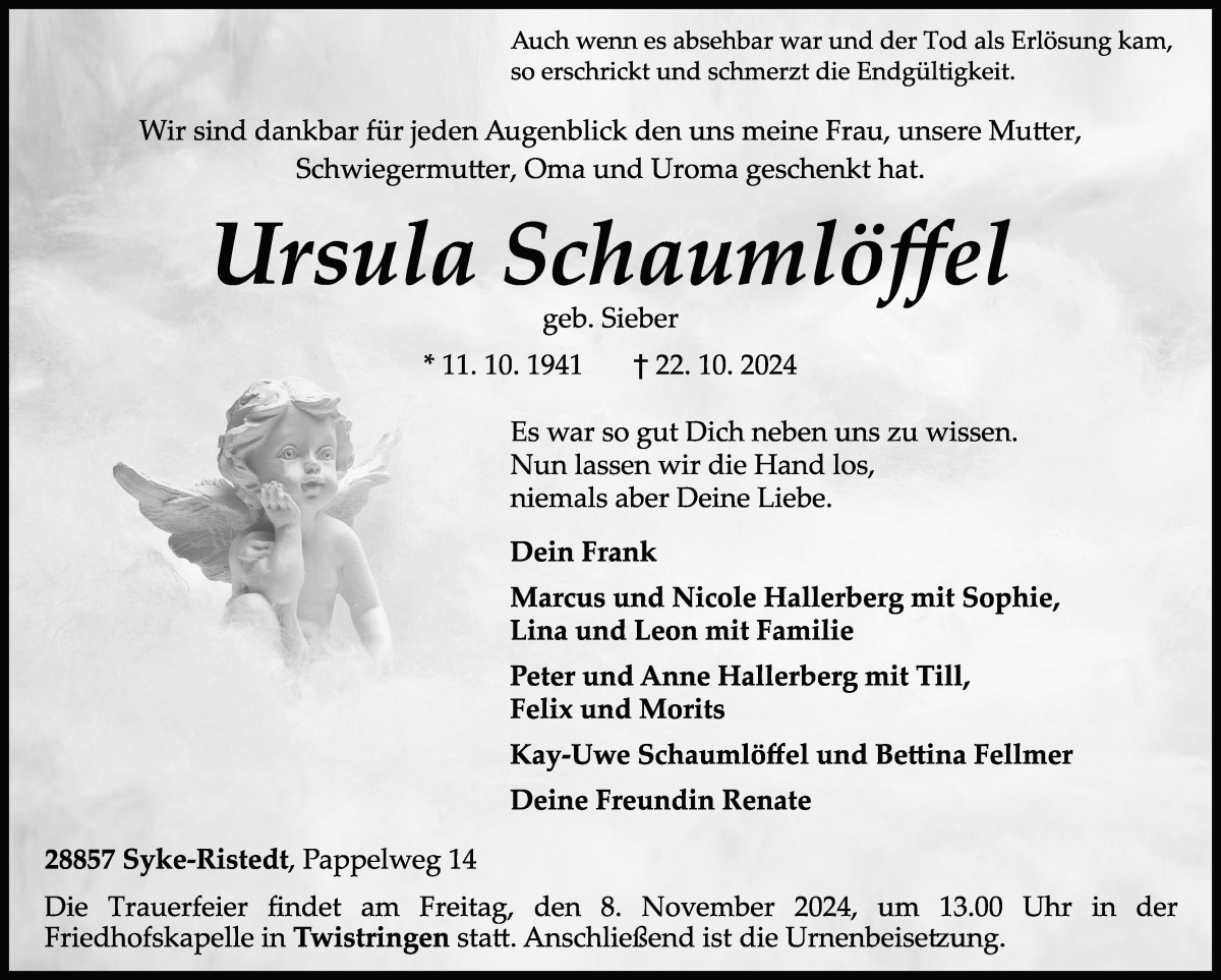 Traueranzeige von Ursula Schaumlöffel von WESER-KURIER