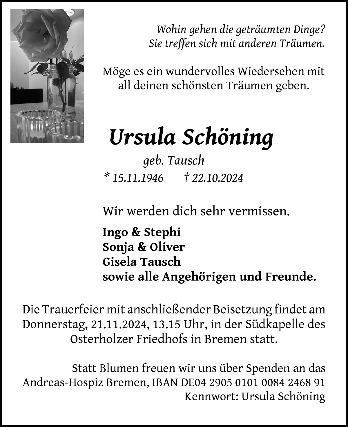 Traueranzeige von Ursula Schöning von WESER-KURIER