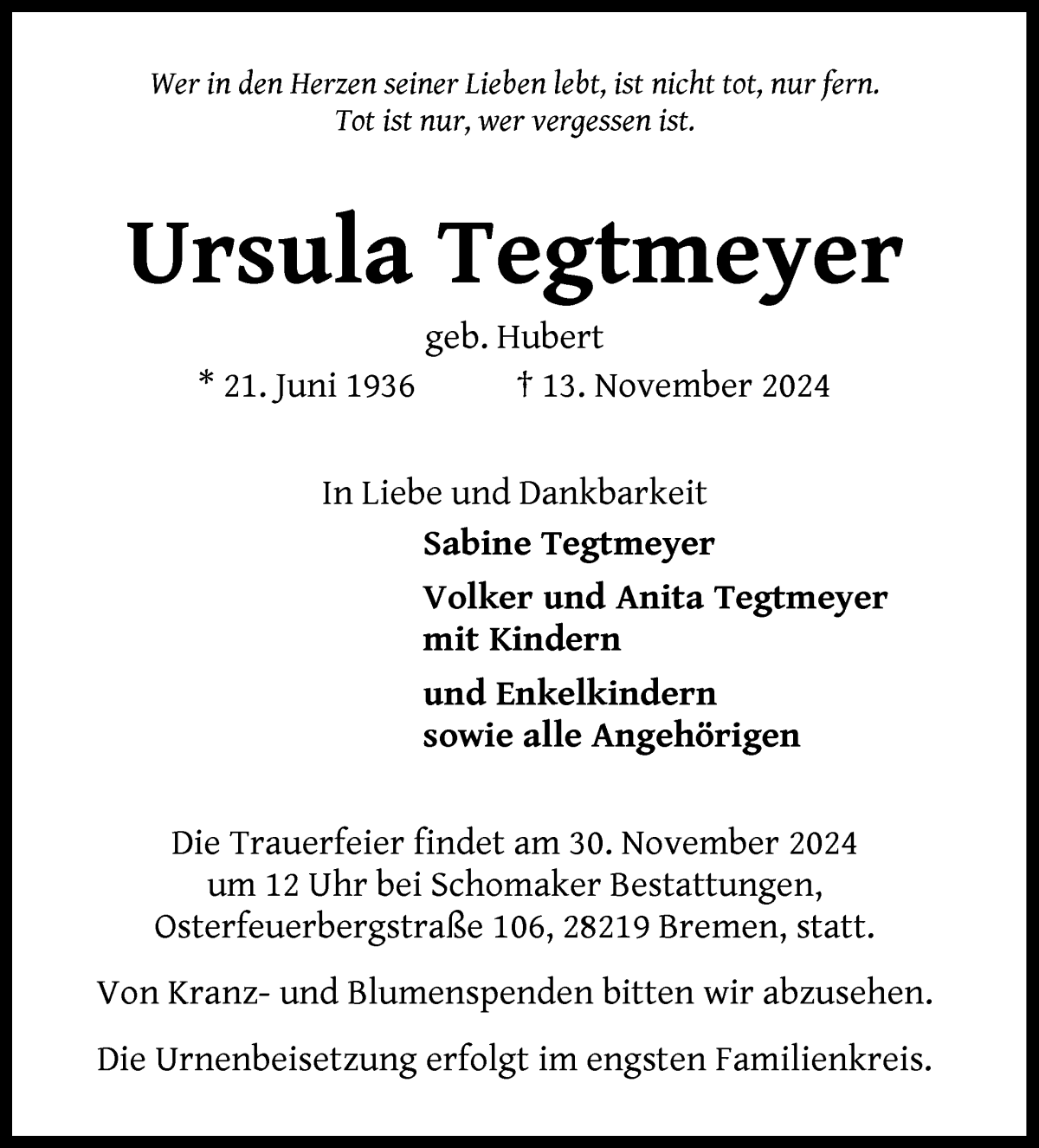 Traueranzeige von Ursula Tegtmeyer von WESER-KURIER