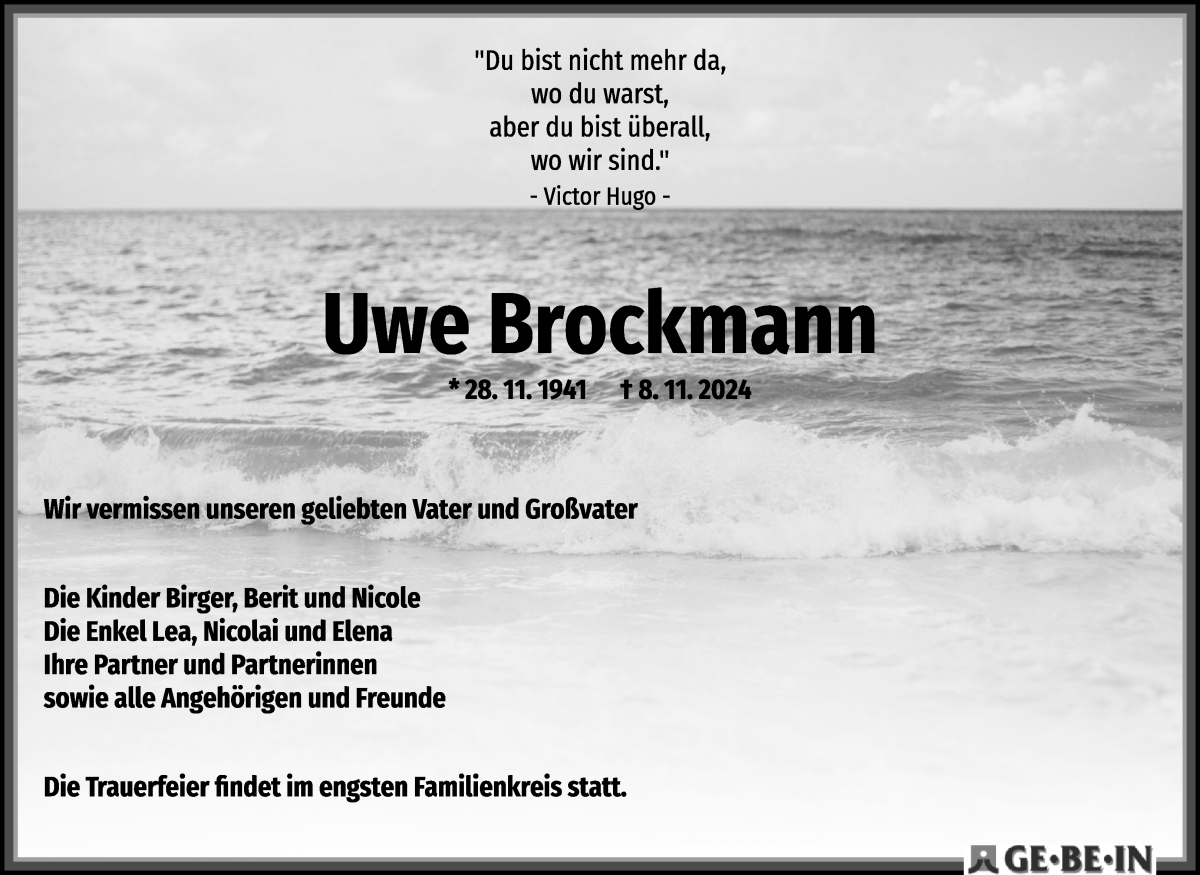  Traueranzeige für Uwe Brockmann vom 23.11.2024 aus WESER-KURIER