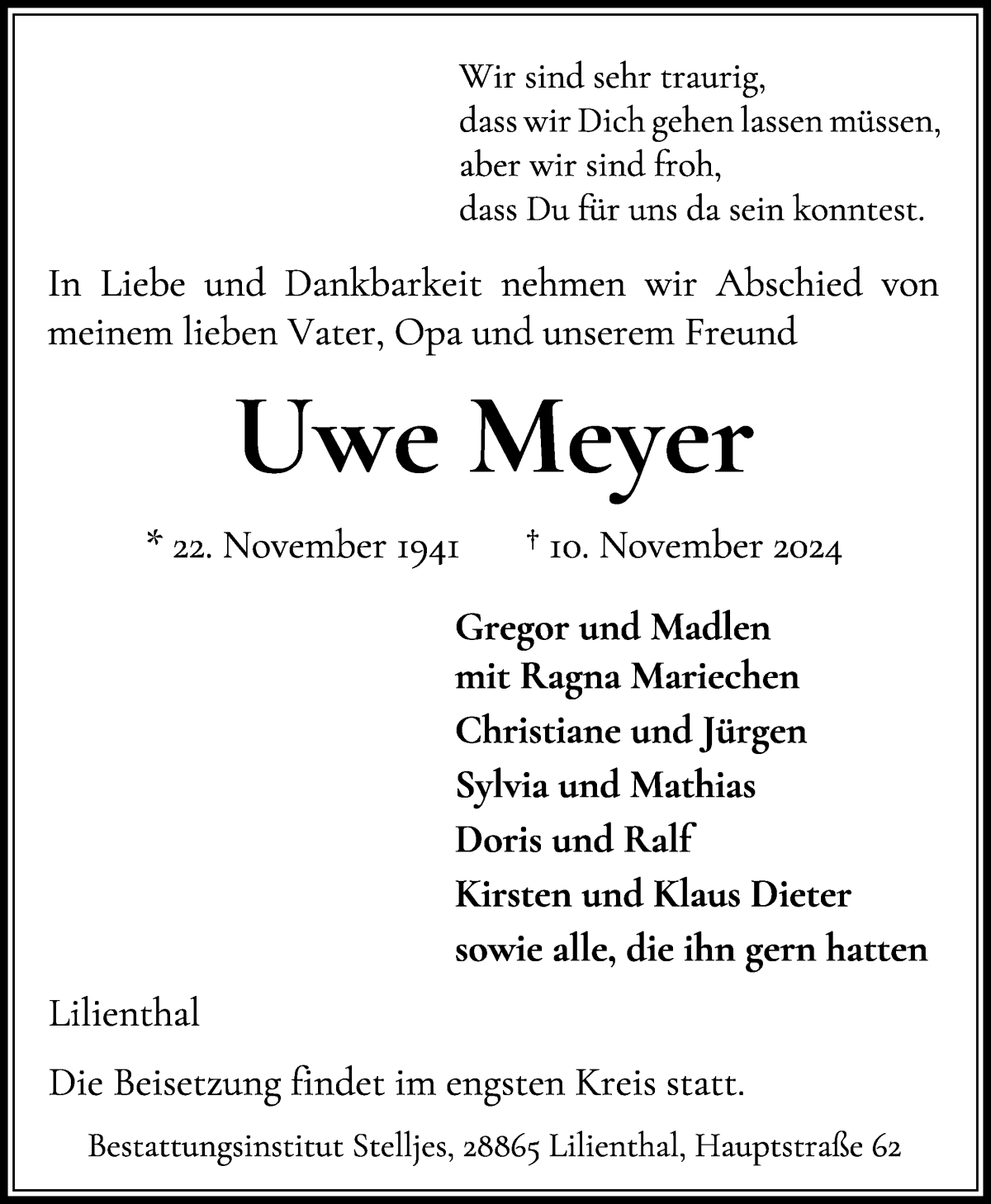 Traueranzeige von Uwe Meyer von Wuemme Zeitung