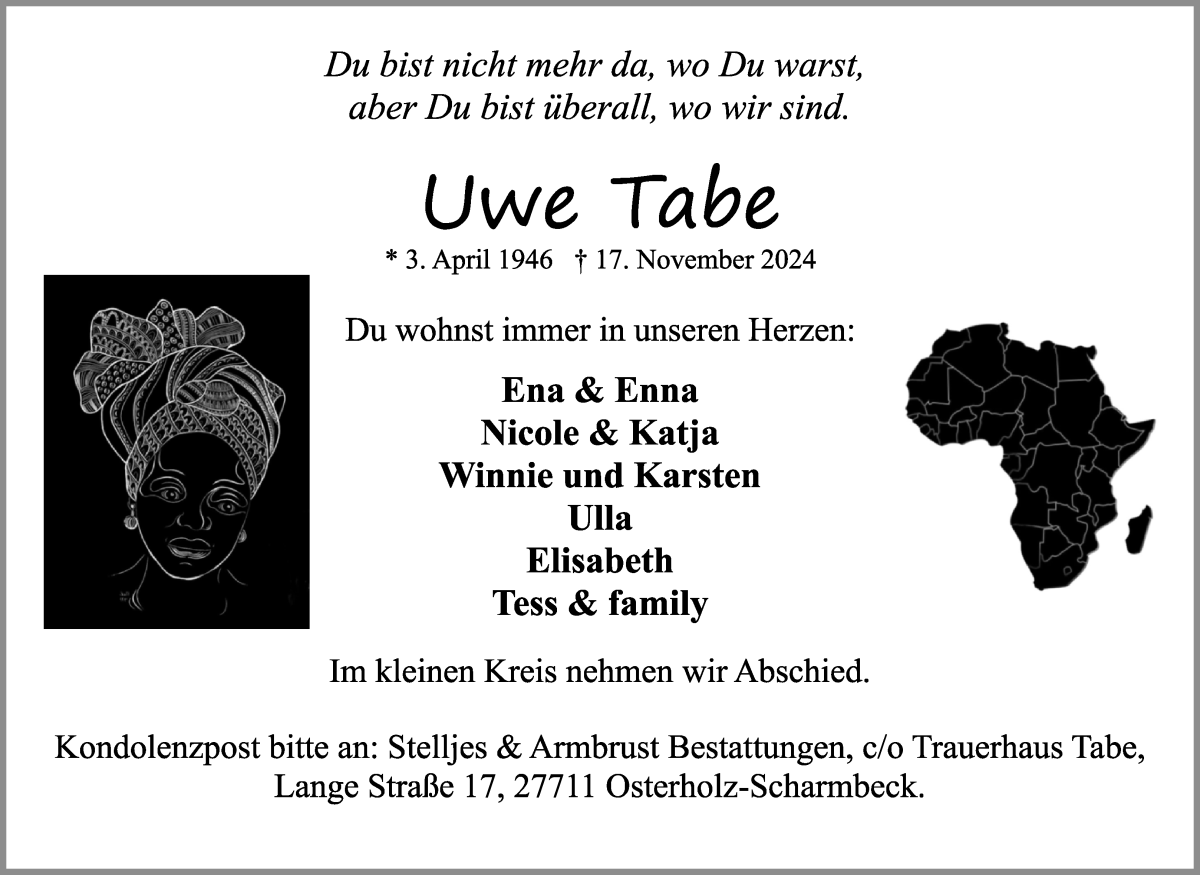 Traueranzeige von Uwe Tabe von Osterholzer Kreisblatt