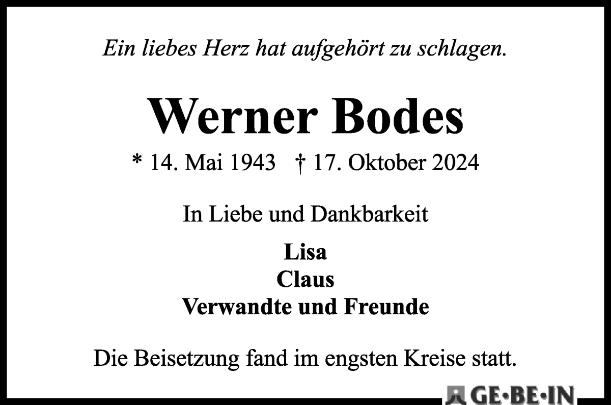 Traueranzeige von Werner Bodes von WESER-KURIER