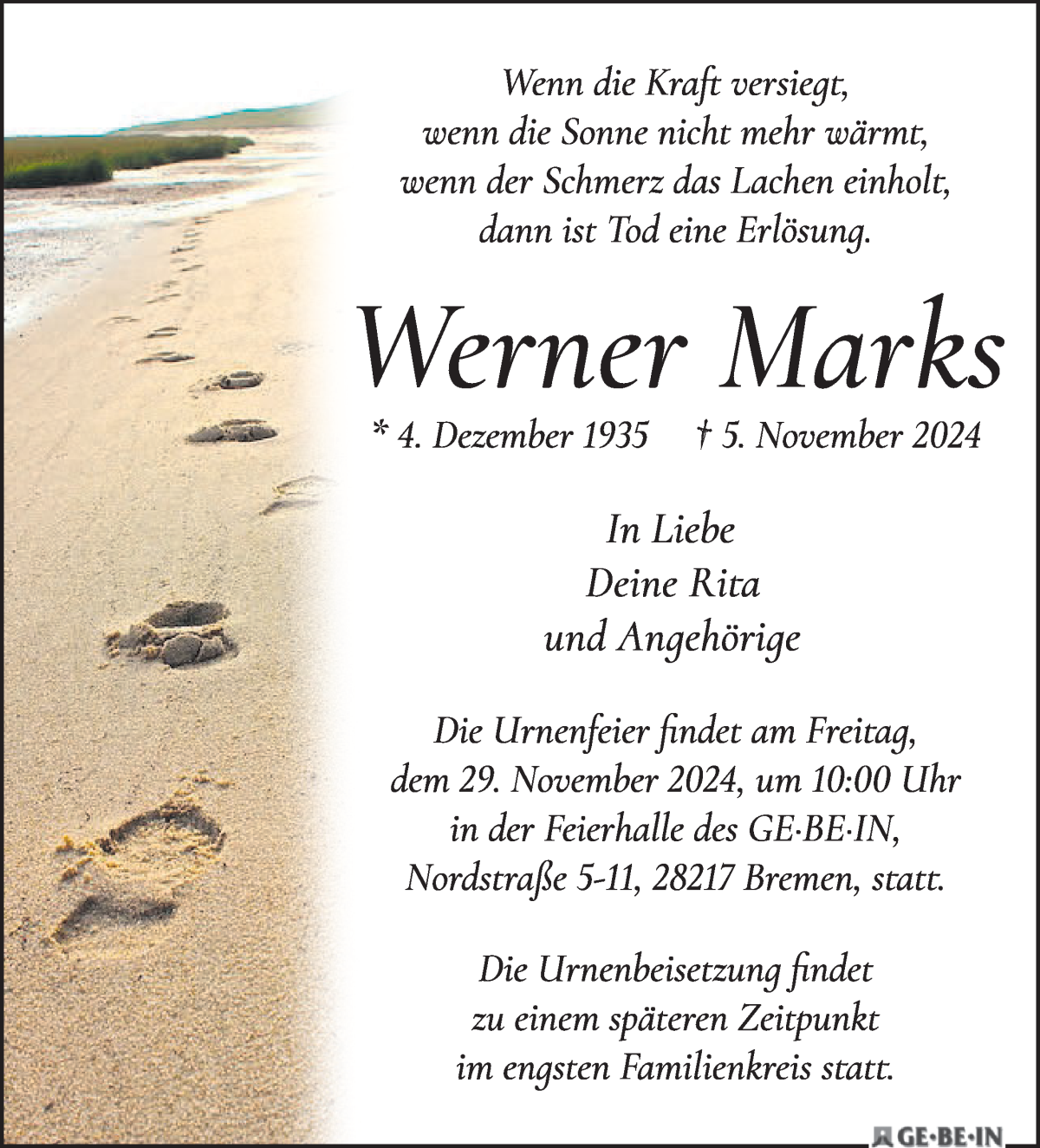  Traueranzeige für Werner Marks vom 16.11.2024 aus WESER-KURIER