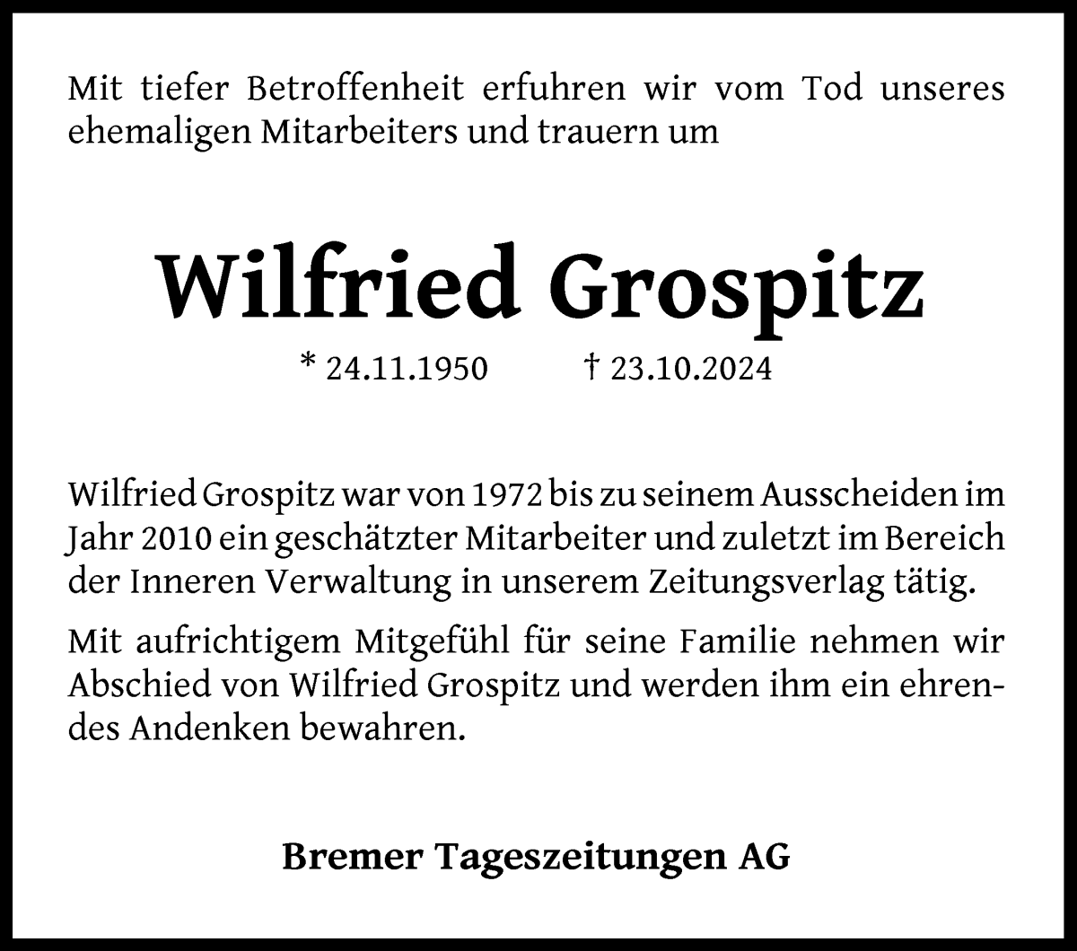 Traueranzeige von Wilfried Grospitz von WESER-KURIER