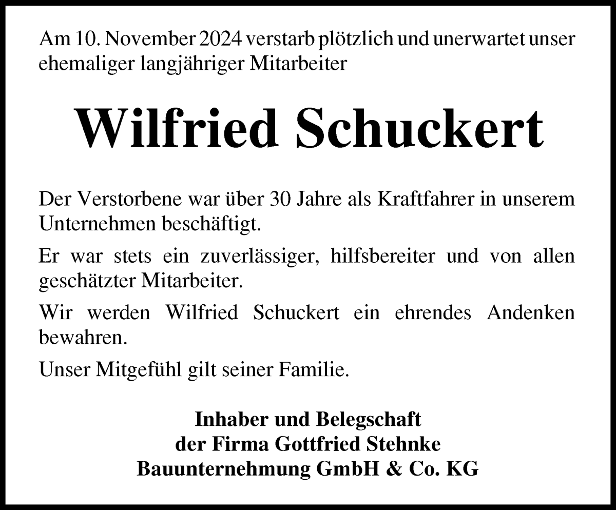 Traueranzeige von Wilfried Schuckert von Osterholzer Kreisblatt