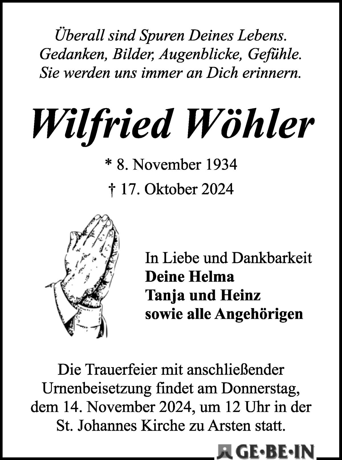 Traueranzeige von Wilfried Wöhler von WESER-KURIER