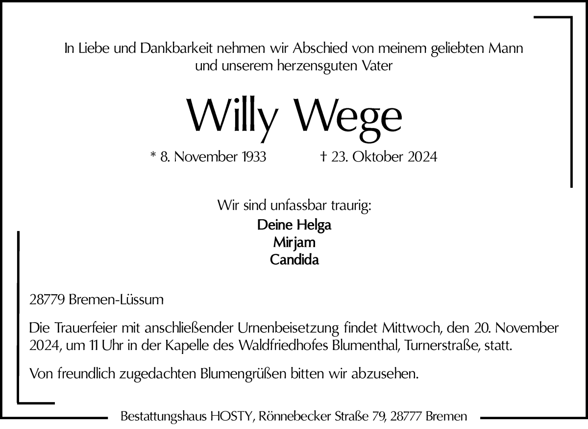 Traueranzeige von Willy Wege von Die Norddeutsche