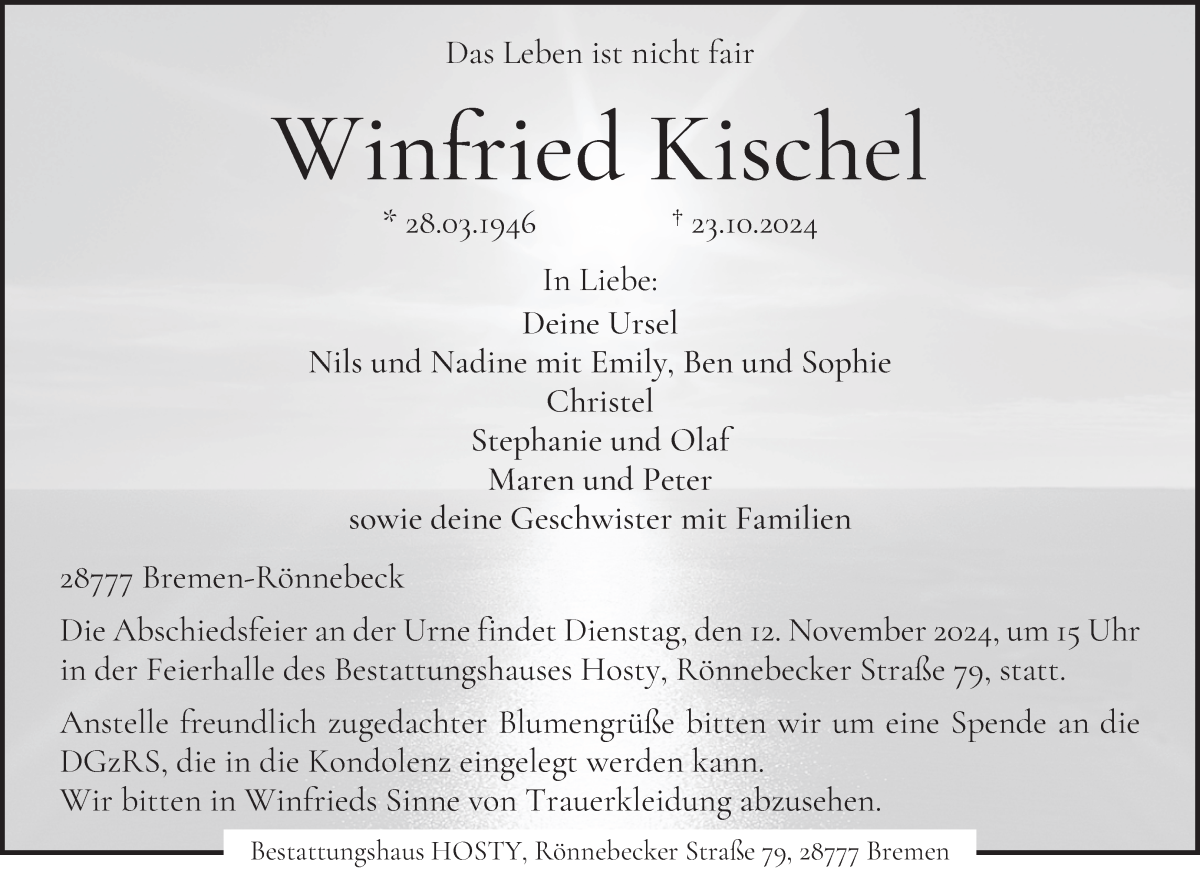 Traueranzeige von Winfried Kischel von Die Norddeutsche