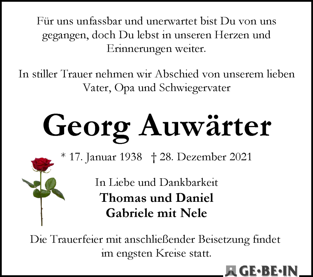 Traueranzeige von Georg Auwärter von WESER-KURIER Gesamtausgabe
