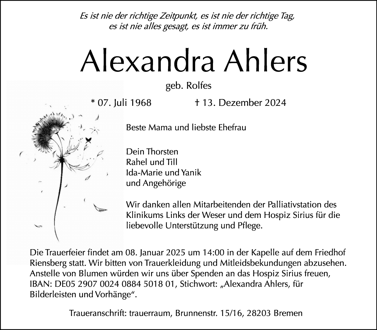 Traueranzeige von Alexandra Ahlers von WESER-KURIER