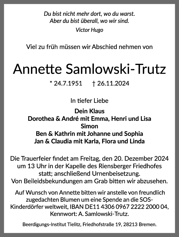 Traueranzeige von Annette Samlowski-Trutz von WESER-KURIER