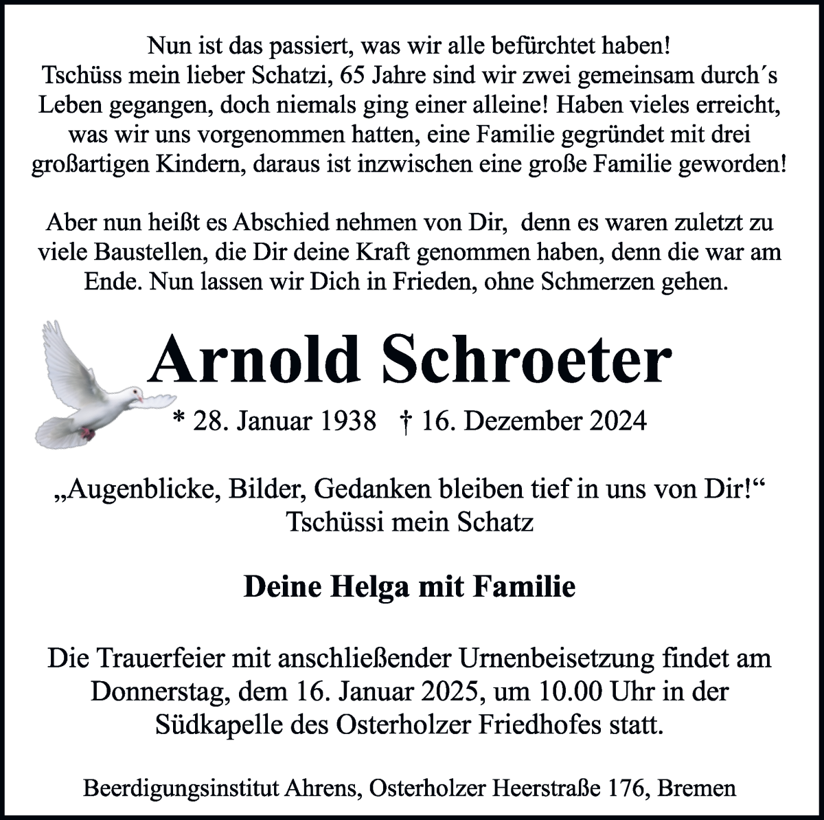 Traueranzeige von Arnold Schroeter von WESER-KURIER