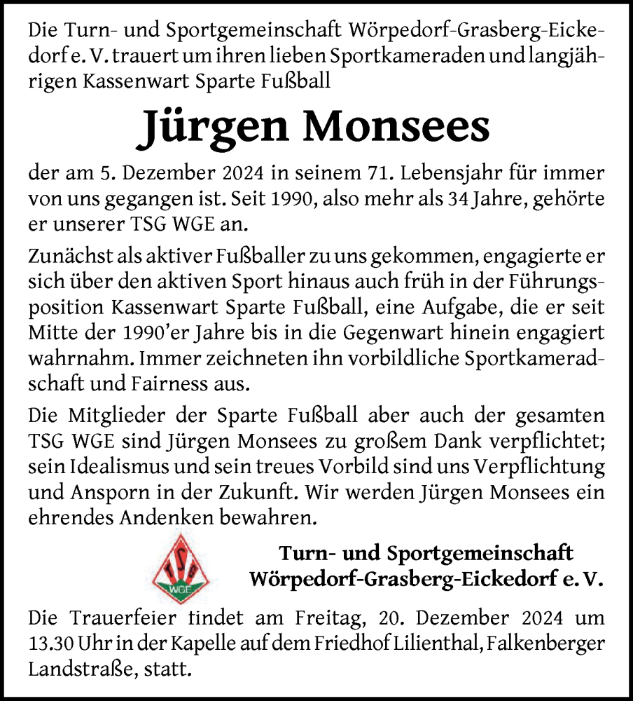 Traueranzeige von Jürgen Monsees von Wuemme Zeitung