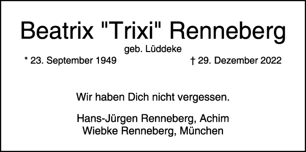 Traueranzeige von Beatrix Renneberg