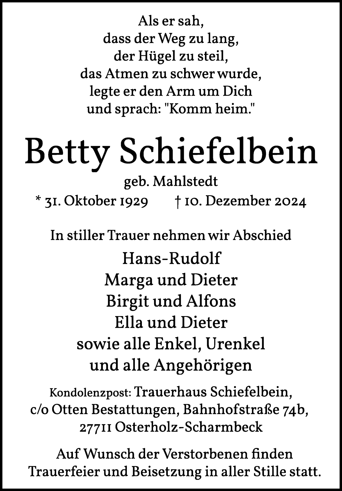 Traueranzeige von Betty Schiefelbein von Osterholzer Kreisblatt