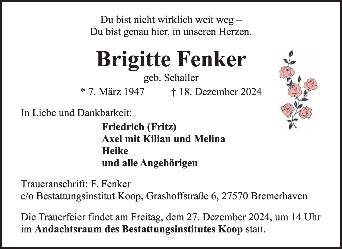 Traueranzeige von Brigitte Fenker von Wuemme Zeitung