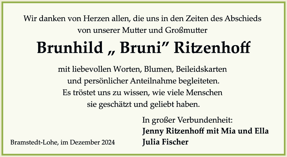 Traueranzeige von Brunhild Bruni Ritzenhoff von Osterholzer Kreisblatt