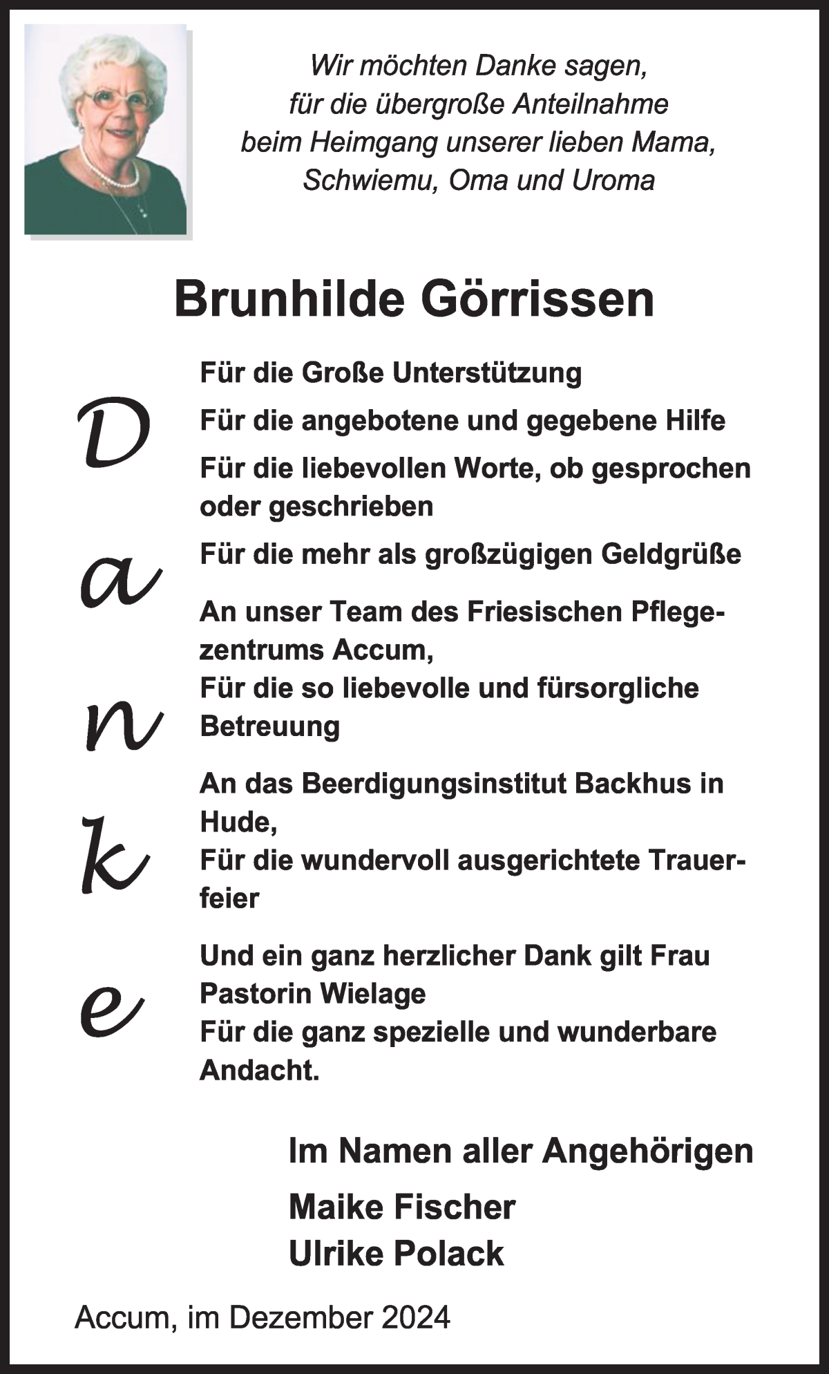 Traueranzeige von Brunhilde Görrissen von Die Norddeutsche