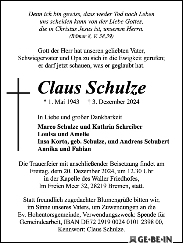 Traueranzeige von Claus Schulze von WESER-KURIER