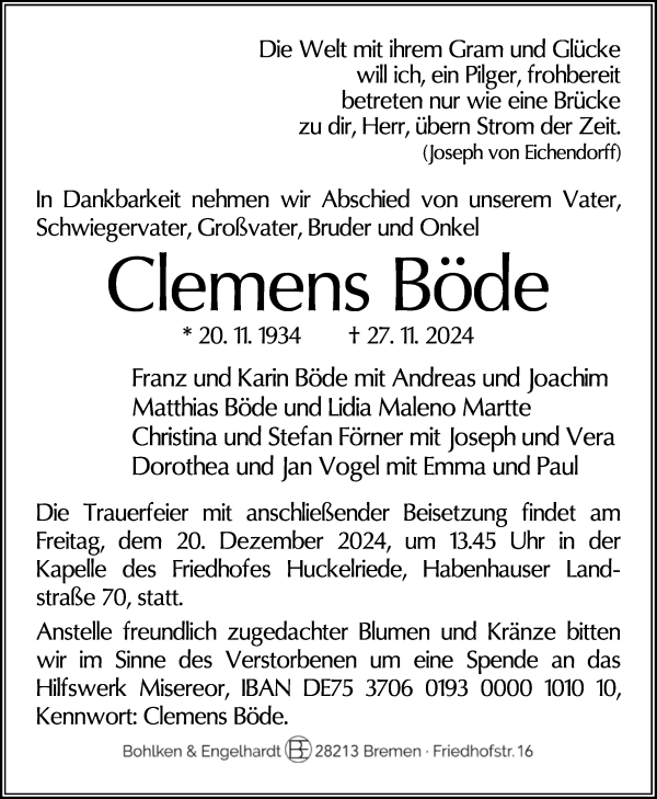 Traueranzeige von Clemens Böde von WESER-KURIER