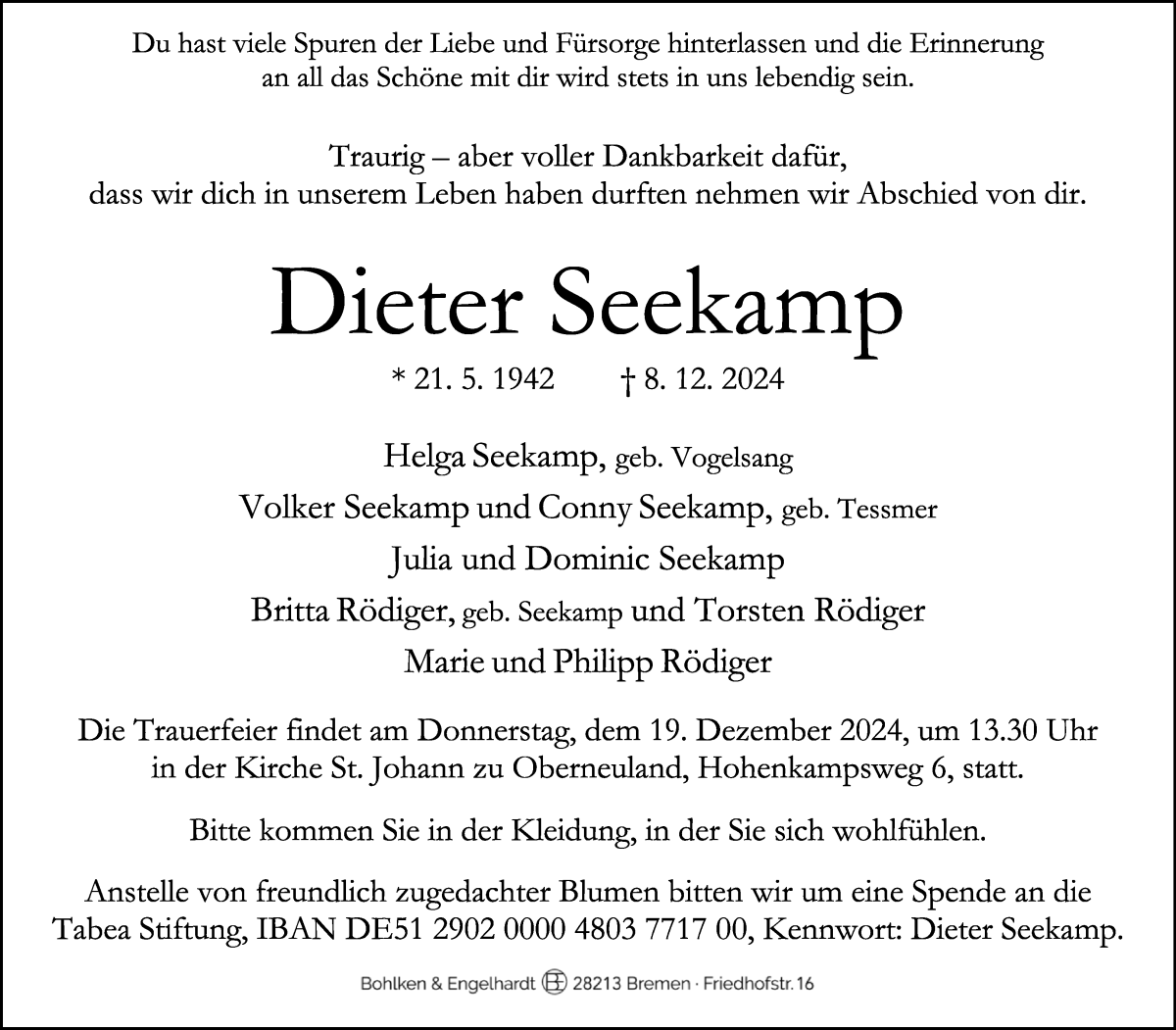 Traueranzeige von Dieter Seekamp von WESER-KURIER